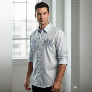 Vintage Y2K Elegant White/Blue Striped Dress Shirt with Blue Embroidered Detail